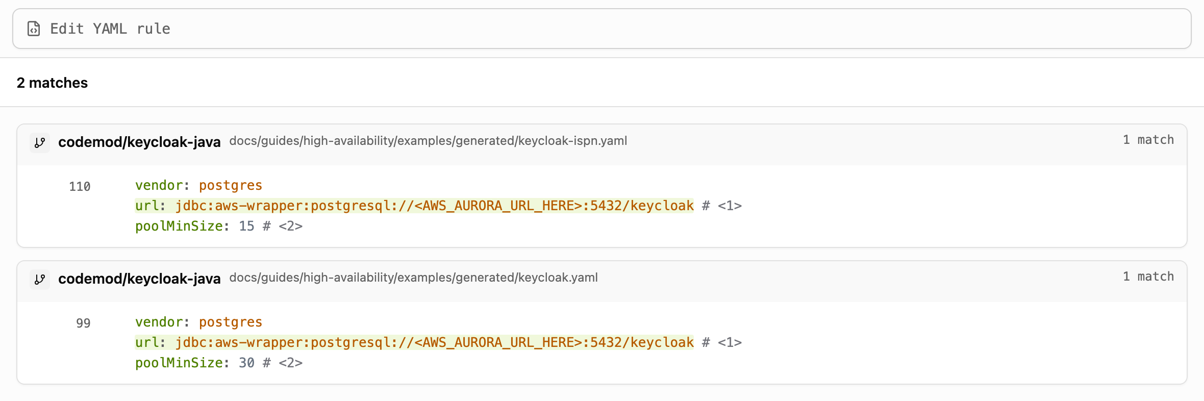 Codemod Grep results for Aurora wrapper JDBC URLs in Keycloak HA YAML examples