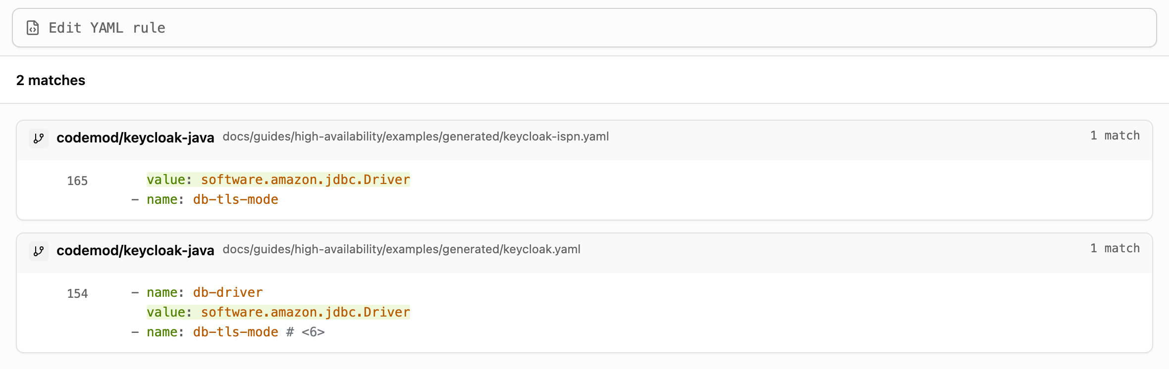 Codemod Grep results for software.amazon.jdbc.Driver pins in Keycloak deployment YAML