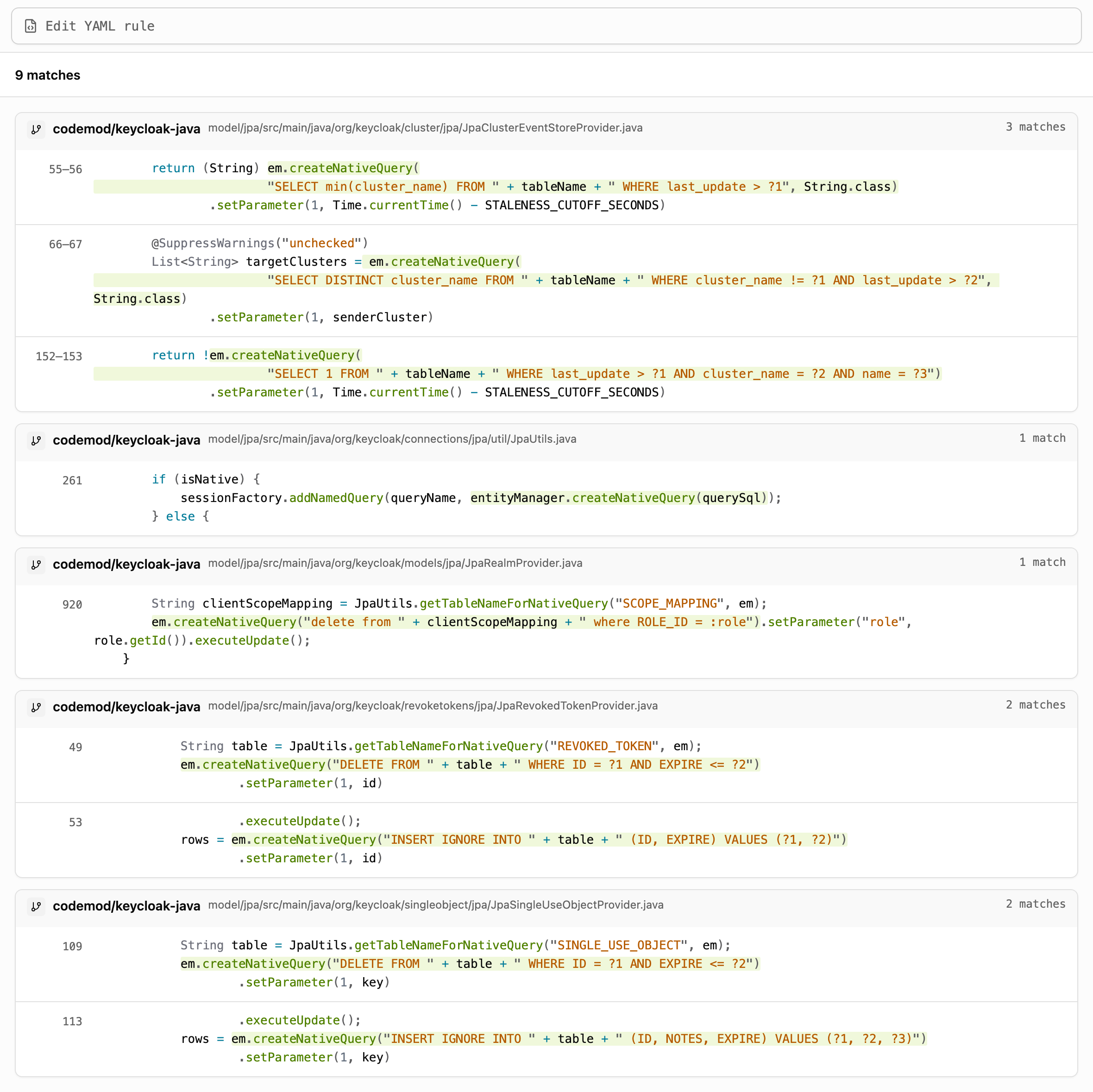 Codemod Grep results for createNativeQuery call sites under model/jpa in Keycloak