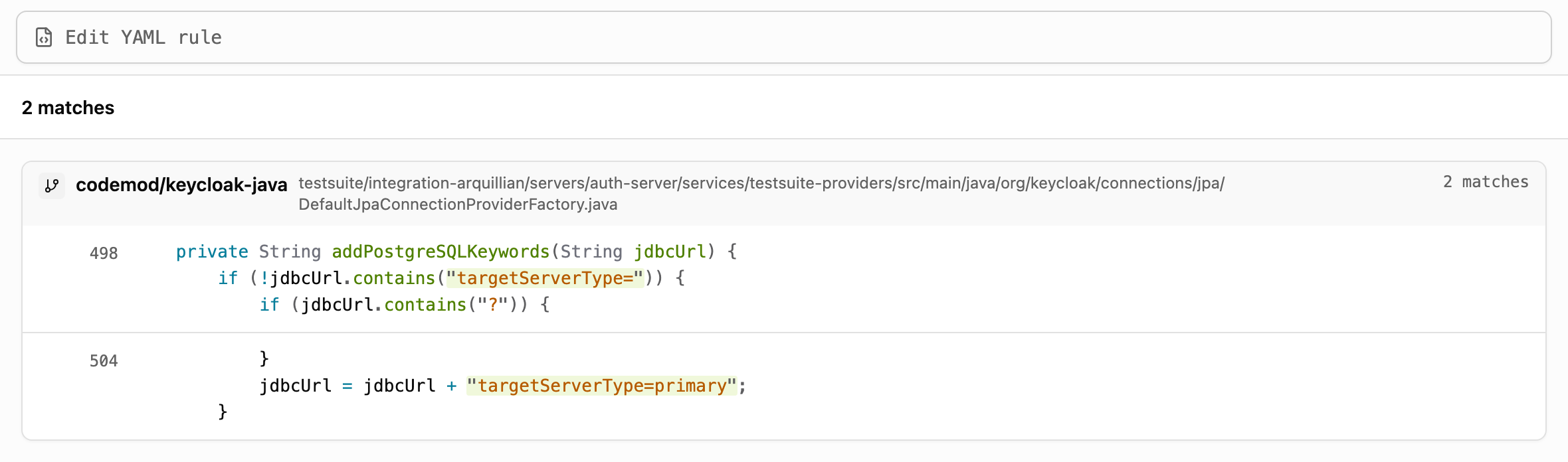 Codemod Grep results for targetServerType string literals under connections/jpa